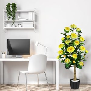 Artificial Camellia Tree 39", 2 Pack Artificial Plants & Flowers Outdoor, 3.25 FT Large Fake Plant in Pot, Large Faux Tree Indoor for Office Living Room Home Decor (Yellow Camellia Tree)